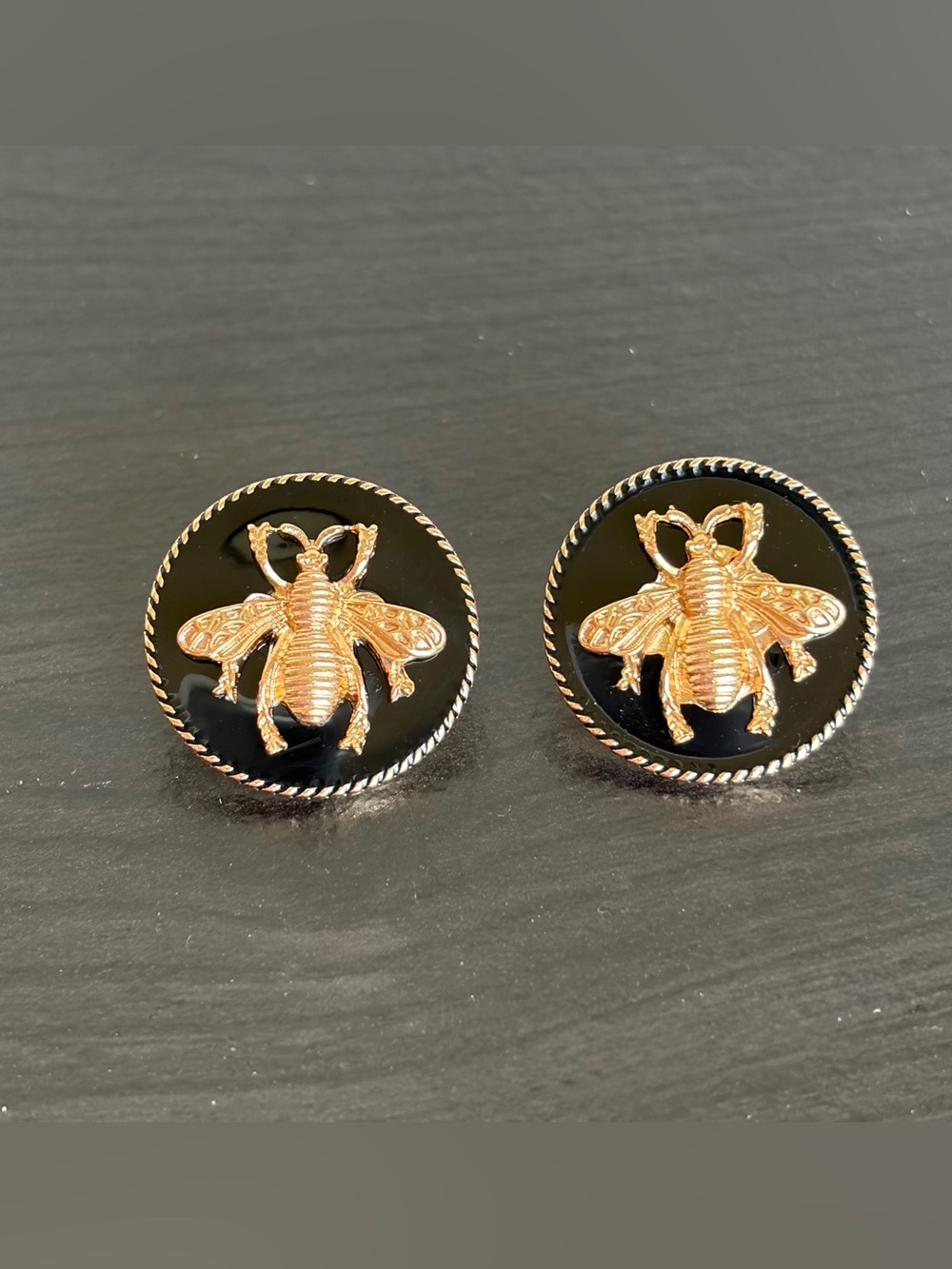 Gold Honey Bee Button Earrings on Black Enamel